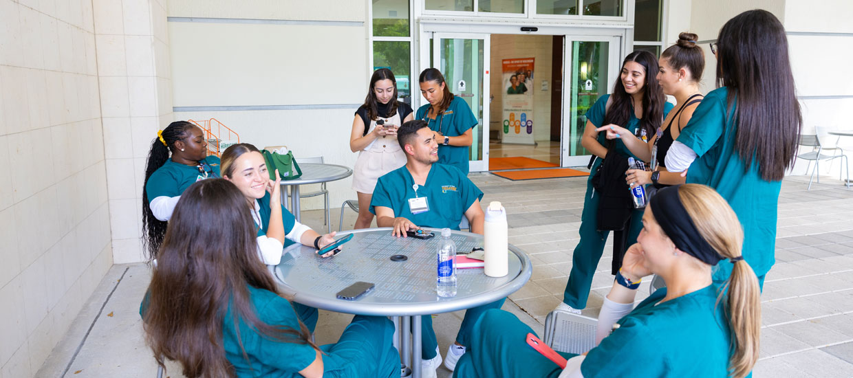 Nursing students gathering outdoors
